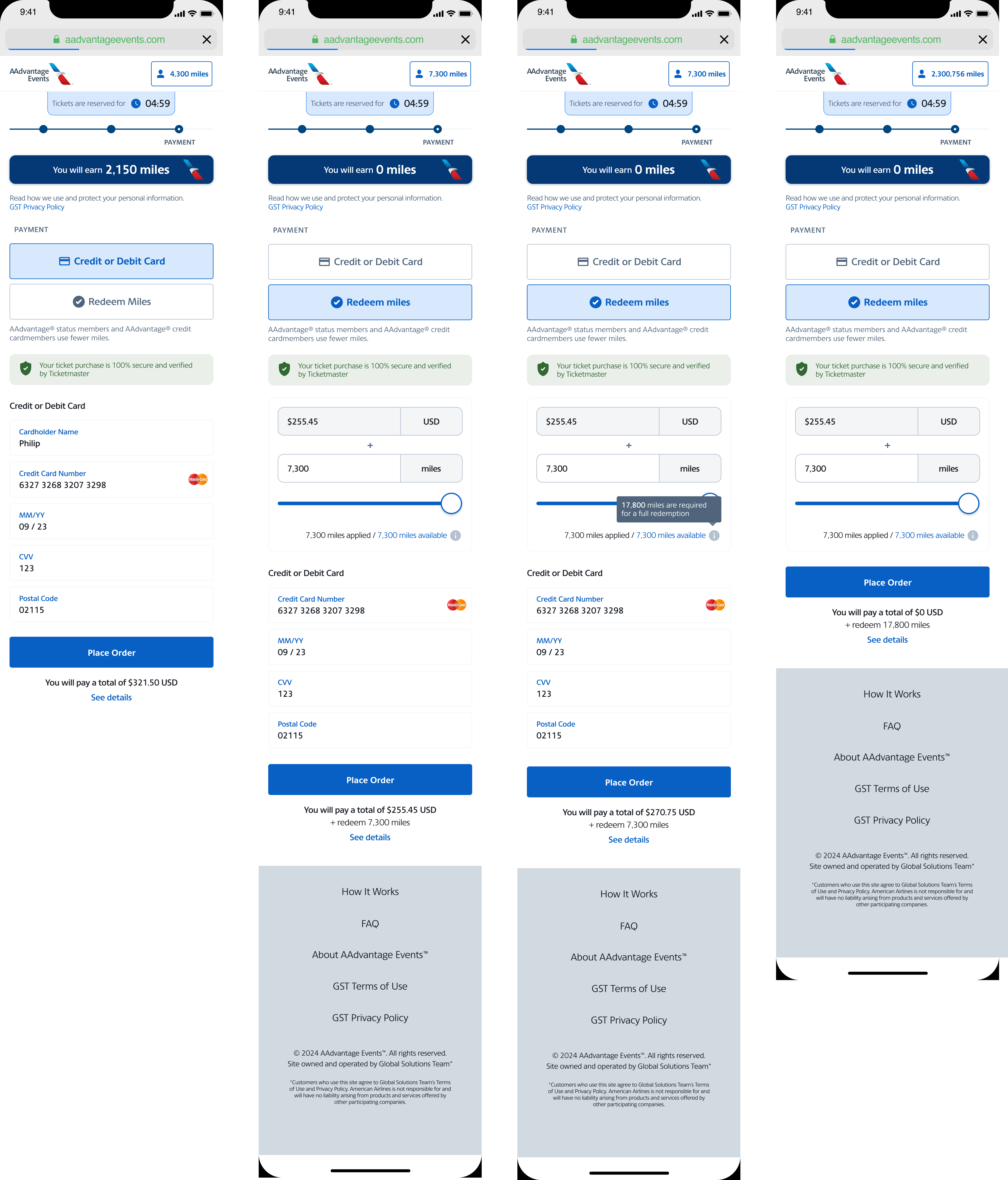 AAdvantage Events checkout with miles redemption