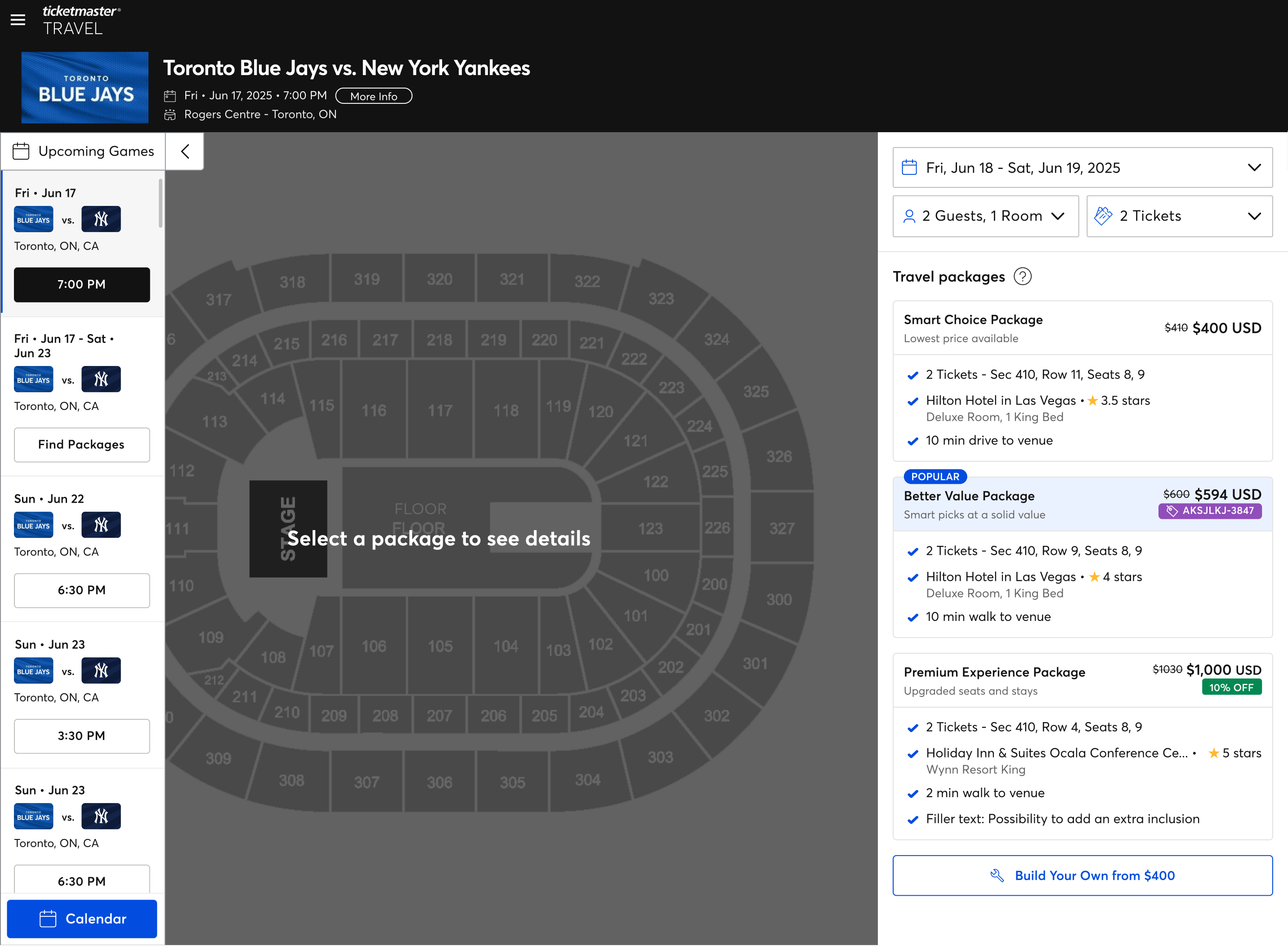 Ticketmaster Travel matchup page with seat map and travel packages